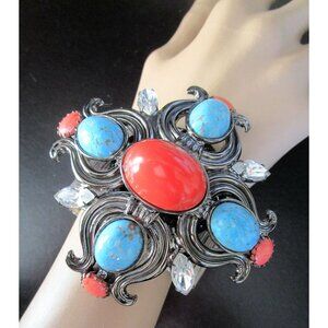 LAWRENCE VRBA Turquoise & Coral Colored Cabochon Rhinestone Cross Cuff Bracelet